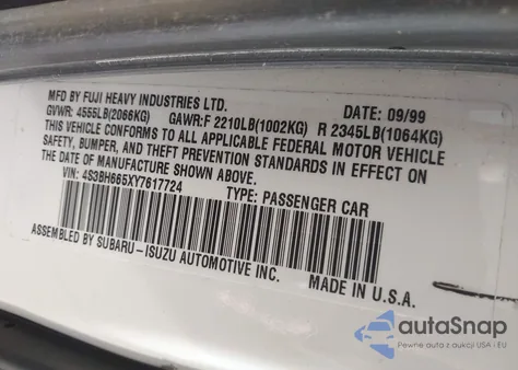 2000 Subaru Outback z USA, uszkodzony, nr VIN 4S3BH665XY7617724